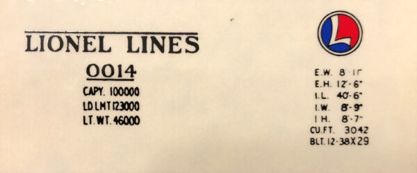 Lionel 00 0014 Lionel Lines Box Car Lettering